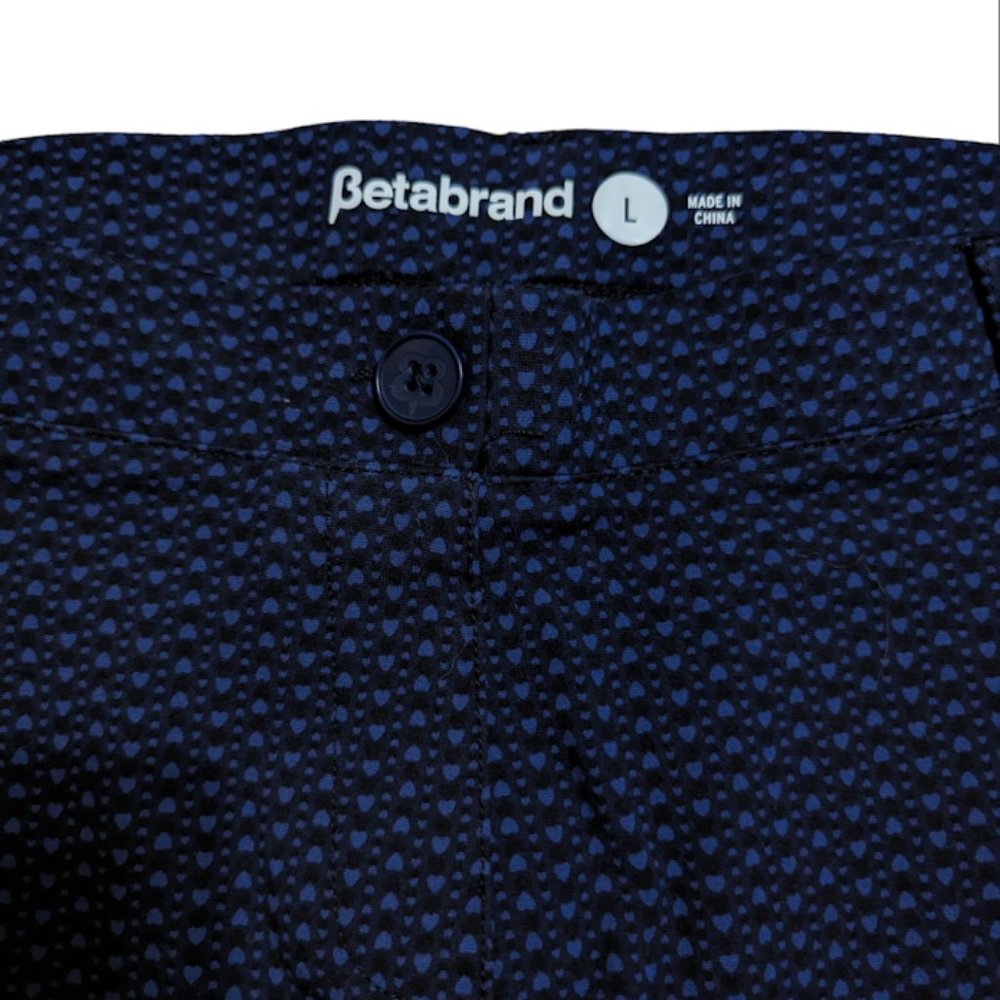 Betabrand Dress Pant Yoga Pants - Size Large - Navy w/Light Blue Hearts Pattern